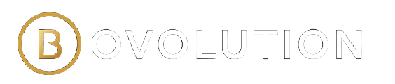 Bovolution logo. Letter B is in a golden circle the rest of the letters are white.
